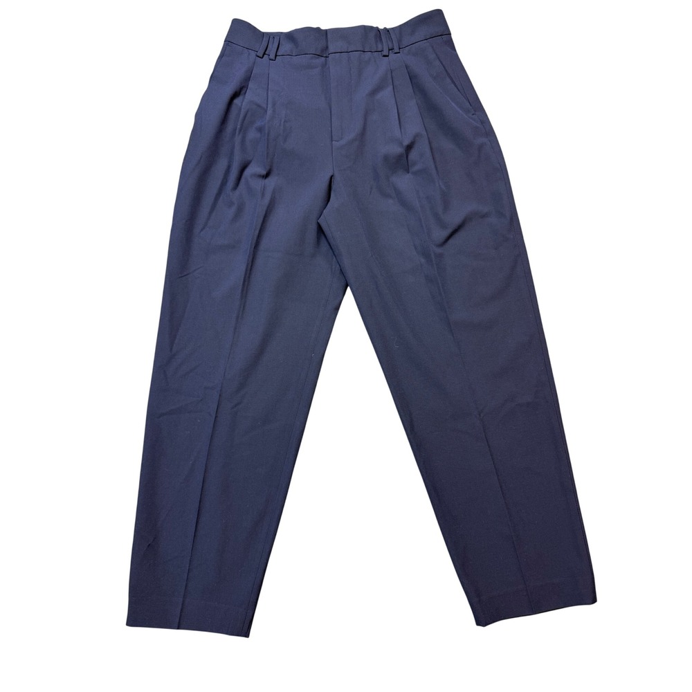 Zara Pleated Trousers Women 10 Navy Blue Excellent Tapered Elastic Back 0817 New